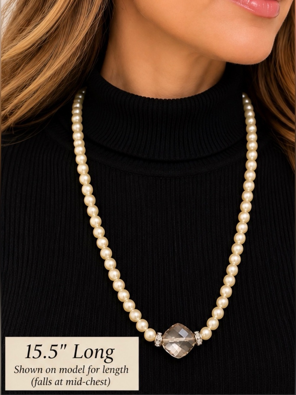 Long Faux Pearl Necklace with Faceted Crystal Accent No Clasp Elegant Statement
